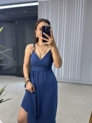 Ms İndigo Askılı Ahşap Detaylı Elbise