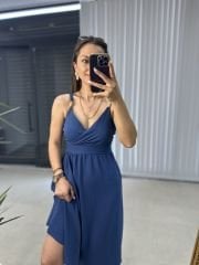 Ms İndigo Askılı Ahşap Detaylı Elbise