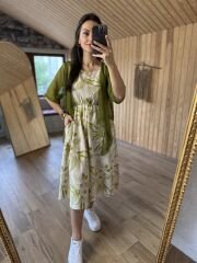 Green linen dress with tulle detail