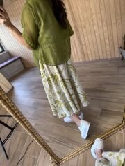Green linen dress with tulle detail