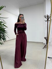 Mzr 22604 Kuşak Detaylı Tensel Bordo Pantolon