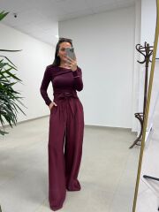 Mzr 22604 Kuşak Detaylı Tensel Bordo Pantolon