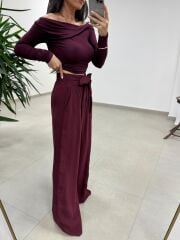 Mzr 22604 Kuşak Detaylı Tensel Bordo Pantolon