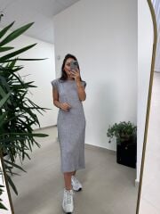 Bb 28294 Omuz Vatkalı Gri Yumoş Elbise