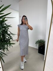 Bb 28294 Omuz Vatkalı Gri Yumoş Elbise