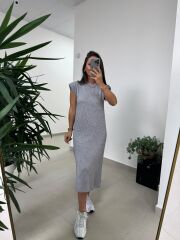 Bb 28294 Omuz Vatkalı Gri Yumoş Elbise