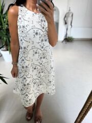 Bb 30271 Nakış İşlemeli Astarlı Keten Elbise