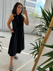 Ms Siyah Halter Yaka Bağlamalı Elbise