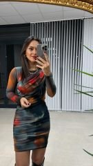 Turuncu Batik Drapeli Tül Elbise