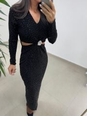 My 3836 Siyah Bel Dekolteli Broşlu Elbise