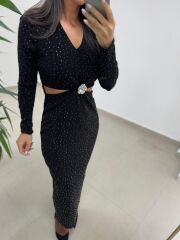 My 3836 Siyah Bel Dekolteli Broşlu Elbise