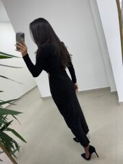 My 3836 Siyah Bel Dekolteli Broşlu Elbise