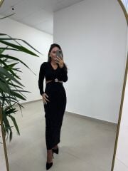 My 3836 Siyah Bel Dekolteli Broşlu Elbise
