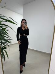 My 3836 Siyah Bel Dekolteli Broşlu Elbise