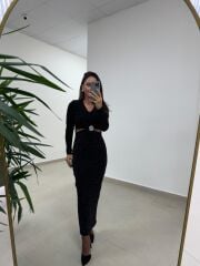 My 3836 Siyah Bel Dekolteli Broşlu Elbise