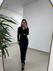 My 3836 Siyah Bel Dekolteli Broşlu Elbise