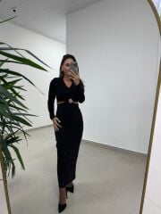 My 3836 Siyah Bel Dekolteli Broşlu Elbise