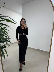 My 3836 Siyah Bel Dekolteli Broşlu Elbise