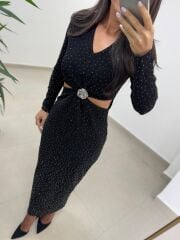 My 3836 Siyah Bel Dekolteli Broşlu Elbise