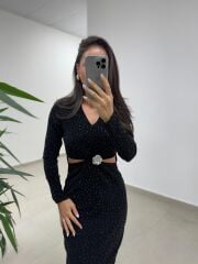 My 3836 Siyah Bel Dekolteli Broşlu Elbise