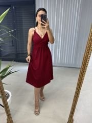 Ms Vişne Askılı Ahsap Detaylı Elbise