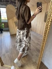 Brown linen dress with tulle detail