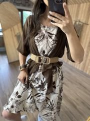 Brown linen dress with tulle detail