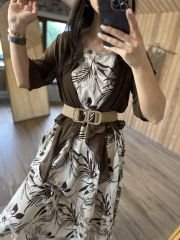 Brown linen dress with tulle detail