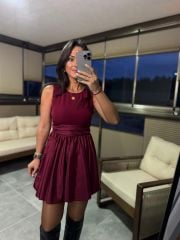 Wo 2806 Bordo İthal Kolsuz Mini Elbise