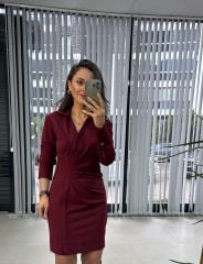 Mc Pile Detaylı Bordo Elbise