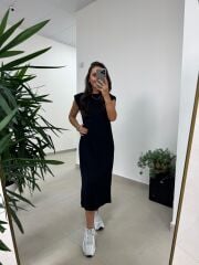 Bb 28294 Omuz Vatkalı Siyah Yumoş Elbise