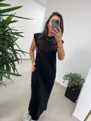 Bb 28294 Omuz Vatkalı Siyah Yumoş Elbise
