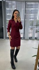 Mc Pile Detaylı Bordo Elbise