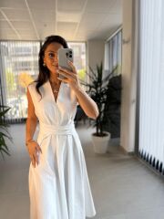 Bb 28783 Ekru V Yaka Çizgili Kuşaklı Elbise