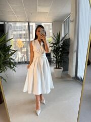 Bb 28783 Ekru V Yaka Çizgili Kuşaklı Elbise