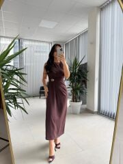 Fw 8191 Kahve Broş Detaylı Krep Elbise