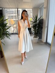 Bb 28783 Ekru V Yaka Çizgili Kuşaklı Elbise