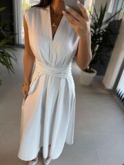 Bb 28783 Ekru V Yaka Çizgili Kuşaklı Elbise