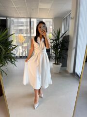 Bb 28783 Ekru V Yaka Çizgili Kuşaklı Elbise