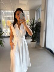 Bb 28783 Ekru V Yaka Çizgili Kuşaklı Elbise