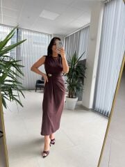 Fw 8191 Kahve Broş Detaylı Krep Elbise
