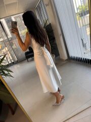 Bb 28783 Ekru V Yaka Çizgili Kuşaklı Elbise