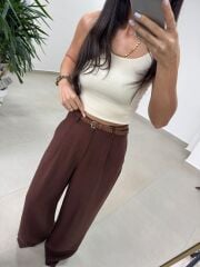 Fp 51150 Pamuk Keten Hasır Kemerli Kiremit Palazzo Pantolon