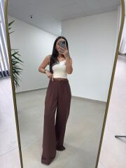 Fp 51150 Pamuk Keten Hasır Kemerli Kiremit Palazzo Pantolon