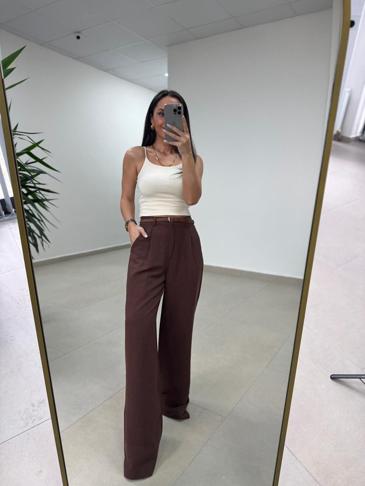 Fp 51150 Pamuk Keten Hasır Kemerli Kahve Palazzo Pantolon