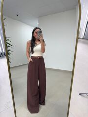 Fp 51150 Pamuk Keten Hasır Kemerli Kiremit Palazzo Pantolon