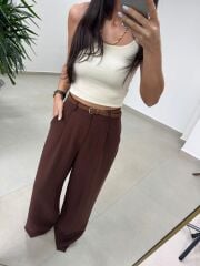 Fp 51150 Pamuk Keten Hasır Kemerli Kiremit Palazzo Pantolon