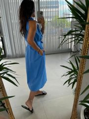 Ms Mavi Halter Yaka Bağlamalı Elbise