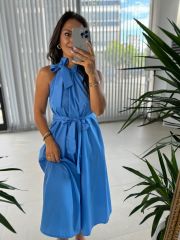Ms Mavi Halter Yaka Bağlamalı Elbise