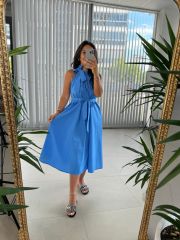 Ms Mavi Halter Yaka Bağlamalı Elbise